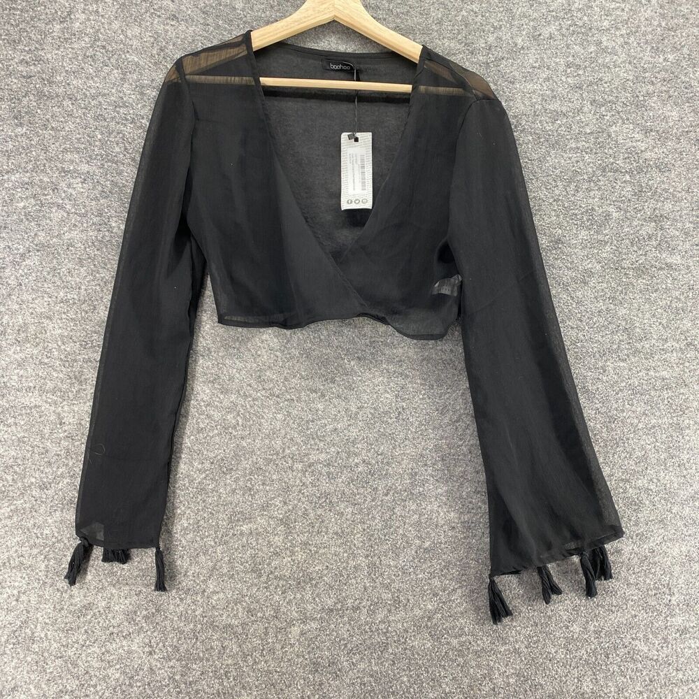 New Boohoo Cropped Top Women M Medium Black Sheer Long Sleeve V-Neck Casual